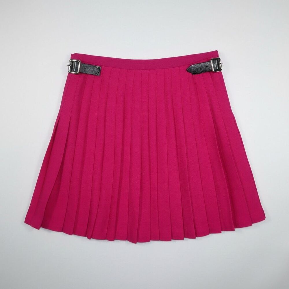 Pink Scottish Kilt Women's Size 12 Wool Mini Leather Buckles Crepe Punk Pleats - Picture 1 of 12